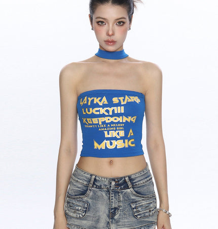 TALKLESSFASHION M / blue BIGGOLD American hot girl letter halterneck bandeau vest women's summer design sense personality slimming slimming top
