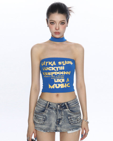 TALKLESSFASHION M / blue BIGGOLD American hot girl letter halterneck bandeau vest women's summer design sense personality slimming slimming top