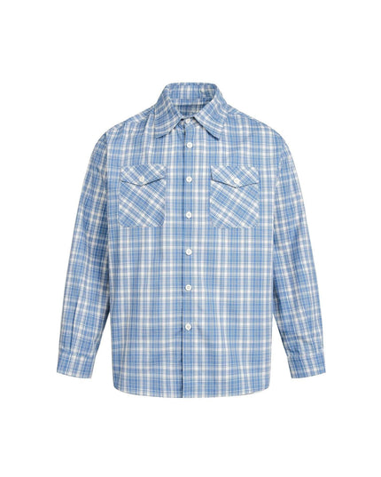 TALKLESSFASHION M / blue EON 26 spring new spot American street trend distressed plaid double pocket long sleeve shirt for men