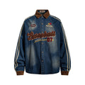 TALKLESSFASHION M / blue Jiayiku Men's Spring 2026 New American Campus Style Retro Washed Denim Shirt National Tide Embroidered Shirt