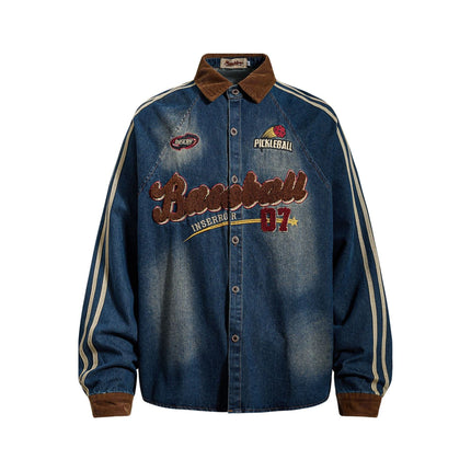 TALKLESSFASHION M / blue Jiayiku Men's Spring 2026 New American Campus Style Retro Washed Denim Shirt National Tide Embroidered Shirt