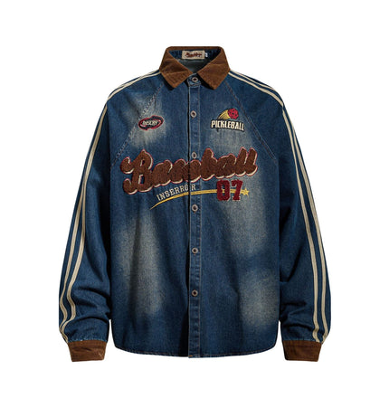 THETLSTUDIO M / blue Jiayiku Men's Spring 2026 New American Campus Style Retro Washed Denim Shirt National Tide Embroidered Shirt