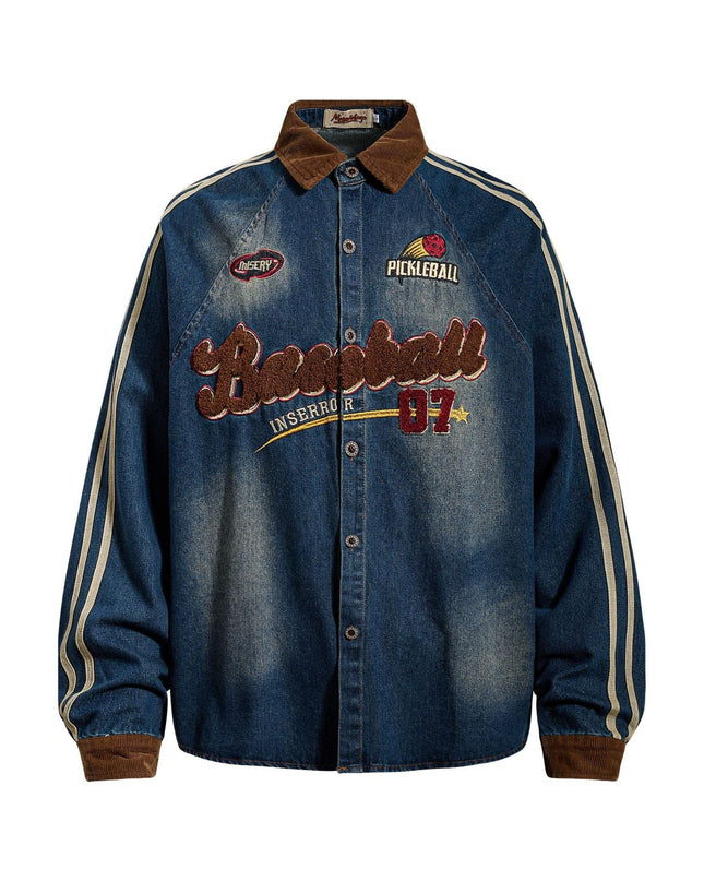 TALKLESSFASHION M / blue Jiayiku Men's Spring 2026 New American Campus Style Retro Washed Denim Shirt National Tide Embroidered Shirt