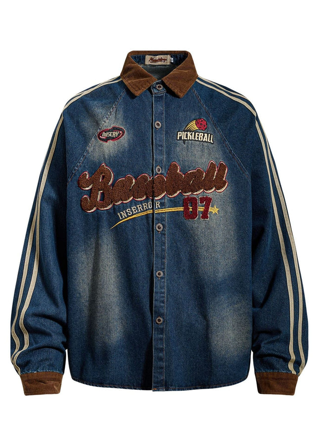 TALKLESSFASHION M / blue Jiayiku Men's Spring 2026 New American Campus Style Retro Washed Denim Shirt National Tide Embroidered Shirt