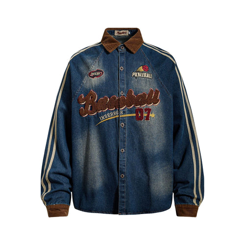 THETLSTUDIO M / blue Jiayiku Men's Spring 2026 New American Campus Style Retro Washed Denim Shirt National Tide Embroidered Shirt