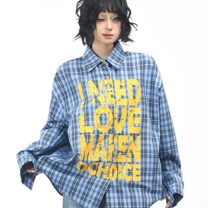 TALKLESSFASHION M / blue OV original American vintage plaid mottled letter print long sleeve shirt men's and women's autumn loose casual shirt trend