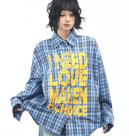 THETLSTUDIO M / blue OV original American vintage plaid mottled letter print long sleeve shirt men's and women's autumn loose casual shirt trend