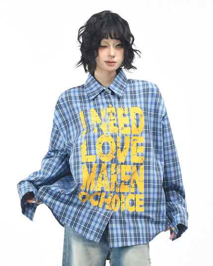 TALKLESSFASHION M / blue OV original American vintage plaid mottled letter print long sleeve shirt men's and women's autumn loose casual shirt trend
