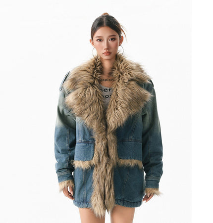 THETLSTUDIO M / blue XPKAEAX American vintage fur collar mountain carving cotton suit women's winter washing distressed denim cotton jacket ins
