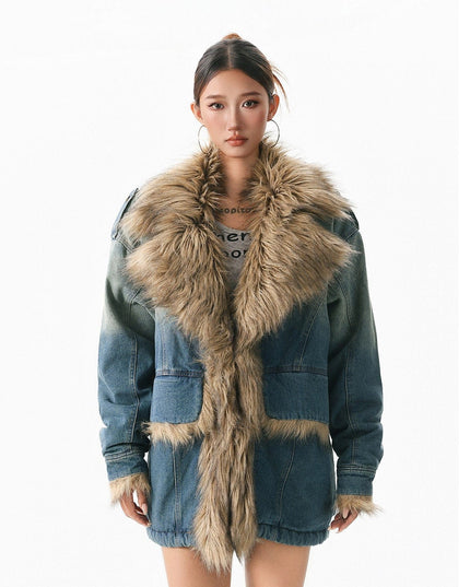 TALKLESSFASHION M / blue XPKAEAX American vintage fur collar mountain carving cotton suit women's winter washing distressed denim cotton jacket ins