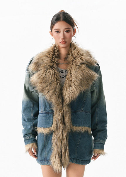 THETLSTUDIO M / blue XPKAEAX American vintage fur collar mountain carving cotton suit women's winter washing distressed denim cotton jacket ins