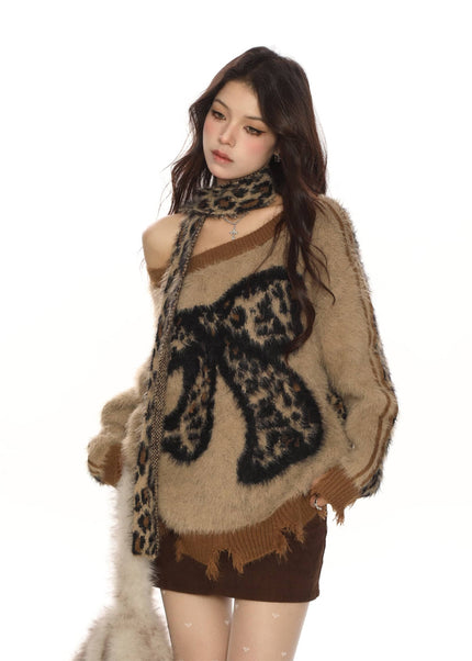THETLSTUDIO M / Brown Wear reversible BIGGOLD sweet cool slanted shoulder leopard print bow soft glut sweater women's autumn and winter lazy style reversible knitwear trend
