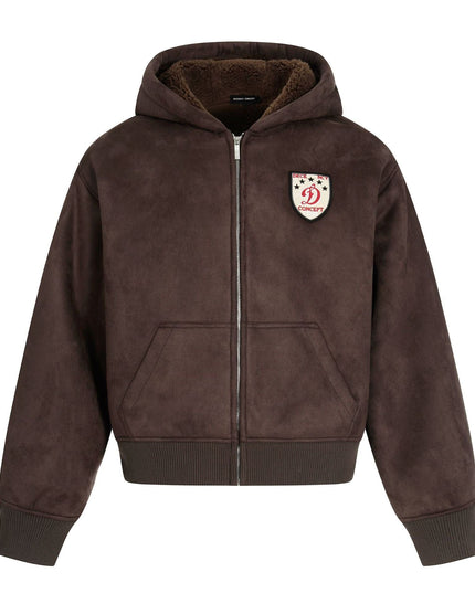 TALKLESSFASHION M / Coffee color 0275 American retro high-end solid color badge design heavy men's short and wide fleece cardigan sweatshirt jacket