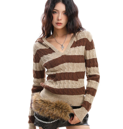 THETLSTUDIO M / Coffee color BIGGOLD American vintage hot girl contrast striped V-neck hooded knit sweater for women autumn slimming top