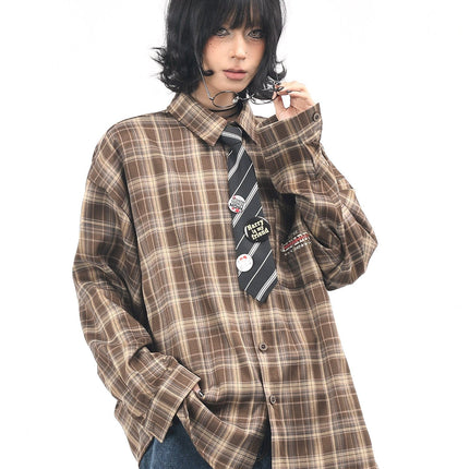 TALKLESSFASHION M / Coffee color OV original American vintage plaid long sleeve shirt men's and women's autumn street loose tie badge design shirt trend