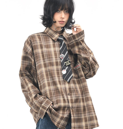 THETLSTUDIO M / Coffee color OV original American vintage plaid long sleeve shirt men's and women's autumn street loose tie badge design shirt trend