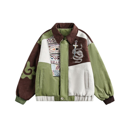 TALKLESSFASHION M / Color matching Corduroy Ethnic Design Puffer
