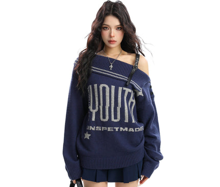 TALKLESSFASHION M / Dark blue BIGGOLD American letter design slanted shoulder sweater women's autumn and winter thickened warm off-the-shoulder knit top trend