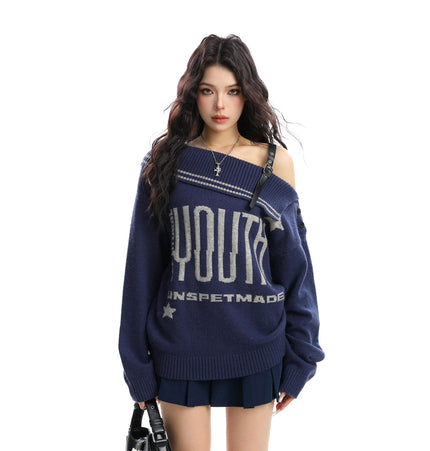 THETLSTUDIO M / Dark blue BIGGOLD American letter design slanted shoulder sweater women's autumn and winter thickened warm off-the-shoulder knit top trend