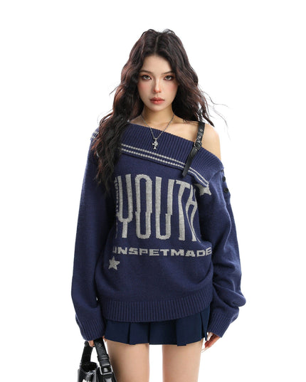 TALKLESSFASHION M / Dark blue BIGGOLD American letter design slanted shoulder sweater women's autumn and winter thickened warm off-the-shoulder knit top trend