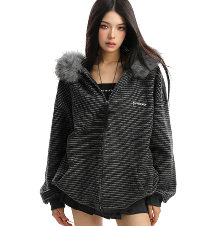 THETLSTUDIO M / Dark gray plus velvet Striped Detachable Fur Hood Jacket