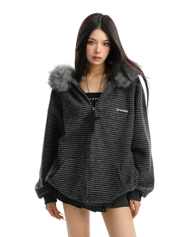 TALKLESSFASHION M / Dark gray plus velvet Striped Detachable Fur Hood Jacket
