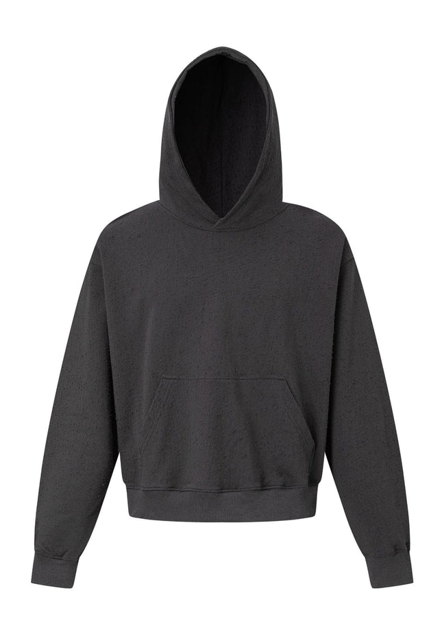 TALKLESSFASHION M / dark green 27420 American street trend neutral trend retro full of worn hole design short and wide men's hooded sweatshirt