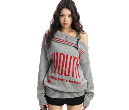 TALKLESSFASHION M / flecking gray BIGGOLD American letter design slanted shoulder sweater women's autumn and winter thickened warm off-the-shoulder knit top trend