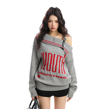 THETLSTUDIO M / flecking gray BIGGOLD American letter design slanted shoulder sweater women's autumn and winter thickened warm off-the-shoulder knit top trend