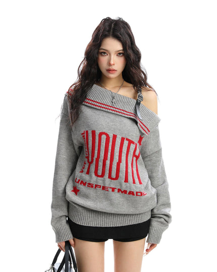 TALKLESSFASHION M / flecking gray BIGGOLD American letter design slanted shoulder sweater women's autumn and winter thickened warm off-the-shoulder knit top trend