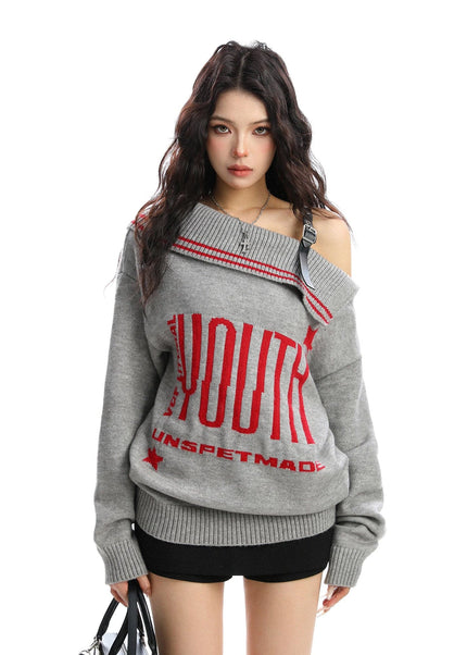 THETLSTUDIO M / flecking gray BIGGOLD American letter design slanted shoulder sweater women's autumn and winter thickened warm off-the-shoulder knit top trend