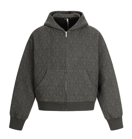 THETLSTUDIO M / gray 0264 American retro trend high-end men's and women's heavy jacquard design men's zipper short and wide hooded sweatshirt