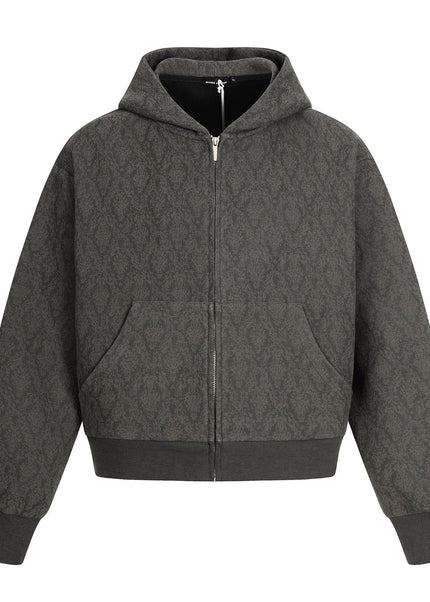 THETLSTUDIO M / gray 0264 American retro trend high-end men's and women's heavy jacquard design men's zipper short and wide hooded sweatshirt