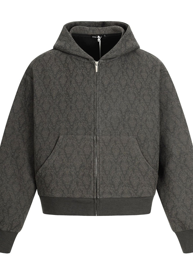 TALKLESSFASHION M / gray 0264 American retro trend high-end men's and women's heavy jacquard design men's zipper short and wide hooded sweatshirt