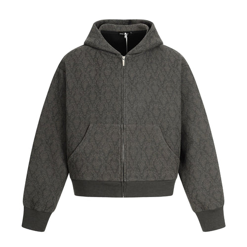 THETLSTUDIO M / gray 0264 American retro trend high-end men's and women's heavy jacquard design men's zipper short and wide hooded sweatshirt