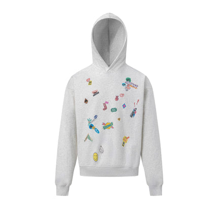 TALKLESSFASHION M / gray 27412 American retro neutral high-end fun sticker print design men's heavy loose hooded sweatshirt