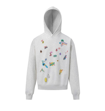 THETLSTUDIO M / gray 27412 American retro neutral high-end fun sticker print design men's heavy loose hooded sweatshirt