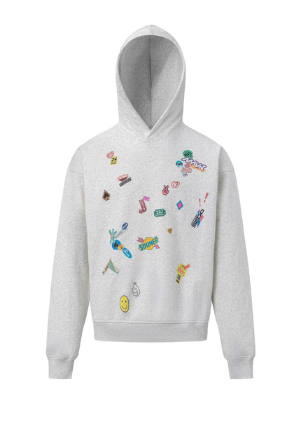 THETLSTUDIO M / gray 27412 American retro neutral high-end fun sticker print design men's heavy loose hooded sweatshirt