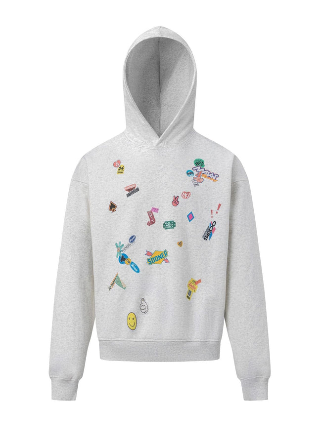 TALKLESSFASHION M / gray 27412 American retro neutral high-end fun sticker print design men's heavy loose hooded sweatshirt