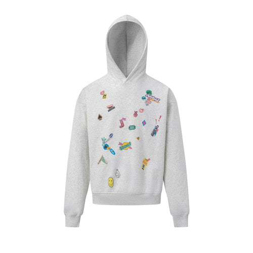 THETLSTUDIO M / gray 27412 American retro neutral high-end fun sticker print design men's heavy loose hooded sweatshirt