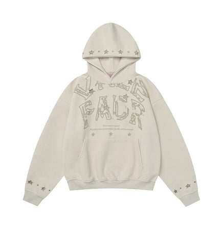 TALKLESSFASHION M / Gray beige W600 American Retro Men's and Women's High-End Trend Star Embroidered Hollow Design Men's Loose Hooded Sweatshirt
