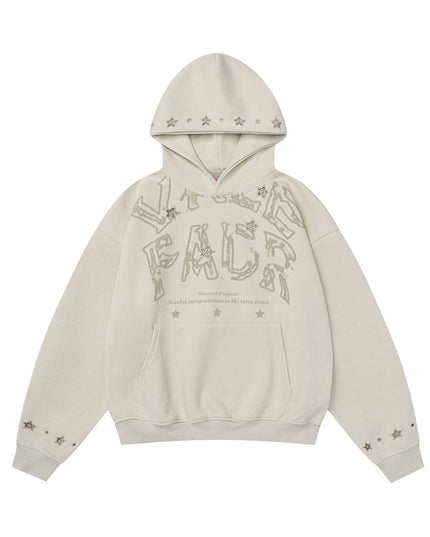 TALKLESSFASHION M / Gray beige W600 American Retro Men's and Women's High-End Trend Star Embroidered Hollow Design Men's Loose Hooded Sweatshirt