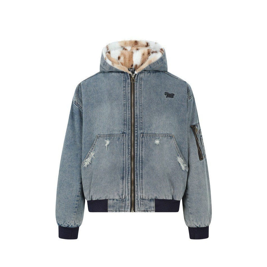 THETLSTUDIO M / Gray-blue TaelePlus Trendy American Vintage Winter Denim Jacket Men's and Women's Leopard Print Hooded Mountain Carving Cotton Jacket TP374