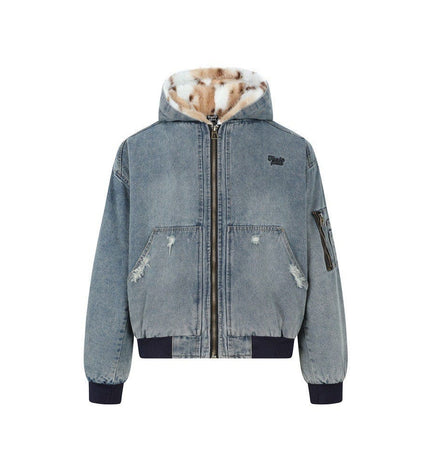 THETLSTUDIO M / Gray-blue TaelePlus Trendy American Vintage Winter Denim Jacket Men's and Women's Leopard Print Hooded Mountain Carving Cotton Jacket TP374