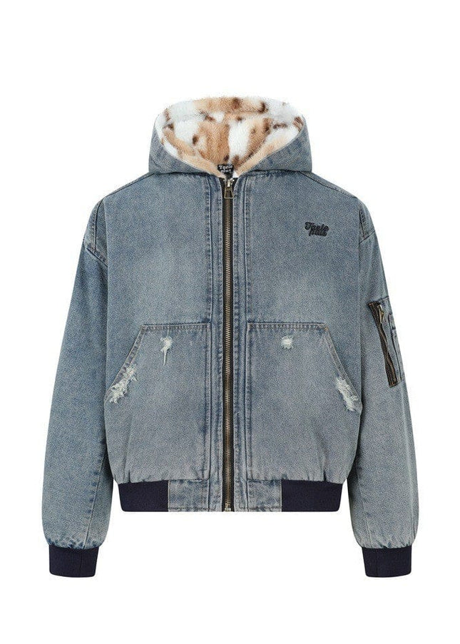 TALKLESSFASHION M / Gray-blue TaelePlus Trendy American Vintage Winter Denim Jacket Men's and Women's Leopard Print Hooded Mountain Carving Cotton Jacket TP374