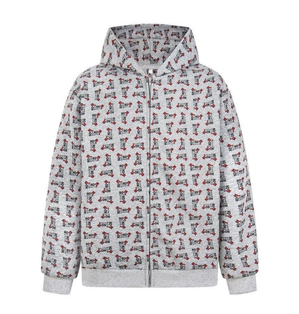 TALKLESSFASHION M / gray Digital print letter zip  hooded cardigan sweatshirt