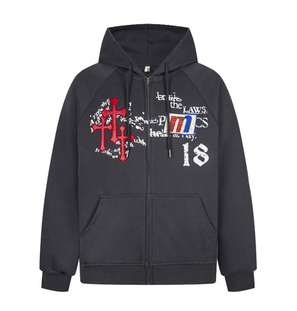 TALKLESSFASHION M / gray Distressed Letter Print Embroidered Hooded Sweatshirt