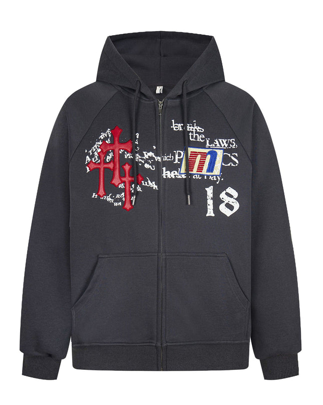 TALKLESSFASHION M / gray Distressed Letter Print Embroidered Hooded Sweatshirt