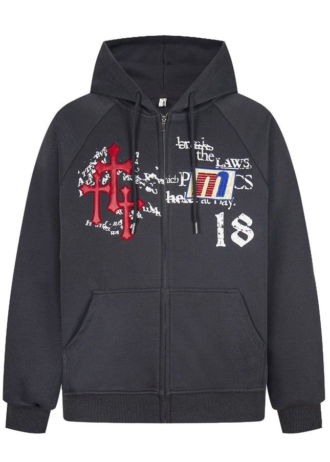 TALKLESSFASHION M / gray Distressed Letter Print Embroidered Hooded Sweatshirt