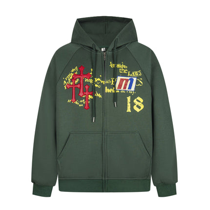TALKLESSFASHION M / green Distressed Letter Print Embroidered Hooded Sweatshirt